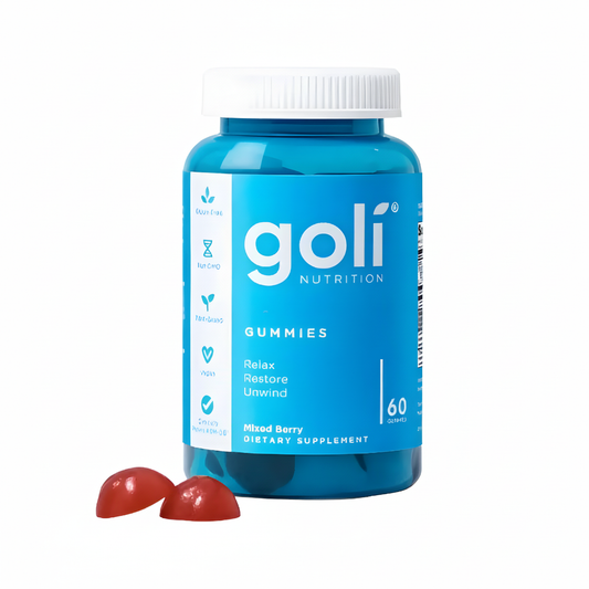 Goli Ashwagandha 60 gomitas sobre fondo blanco, sin logo en la esquina superior derecha